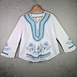BRSY XL White Teal Embroidered Egyptian Cotton Boho Folk Festival Pullover Top